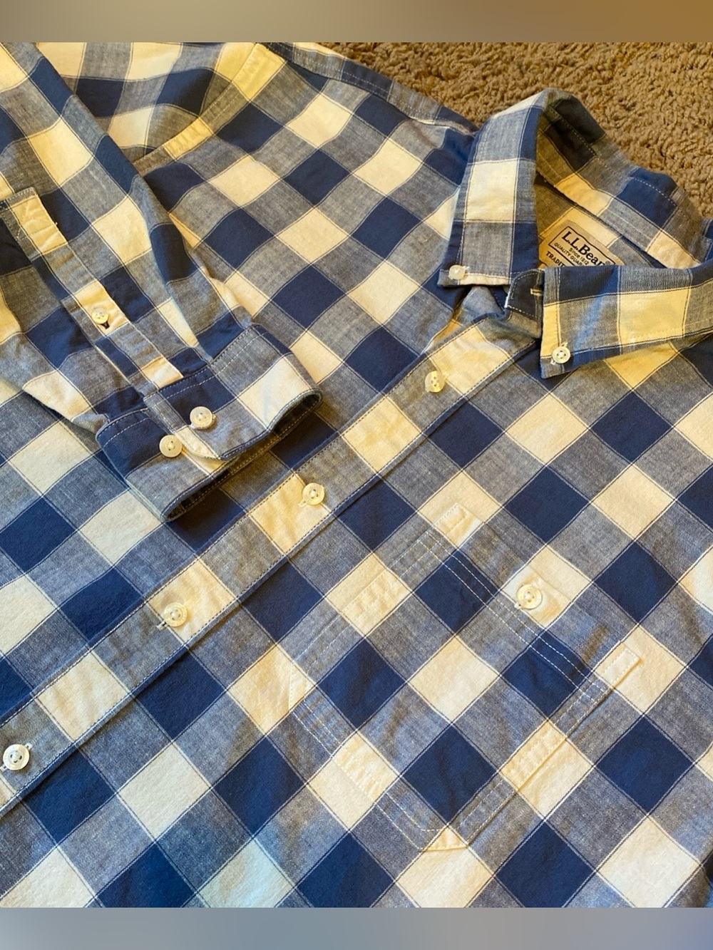 L.L.Bean Men's Comfort Stretch Shirt Sz L Traditional Fit Rugged Blue Plaid Gorp